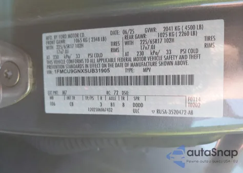 2025 Ford Escape Active z USA, uszkodzony, nr VIN 1FMCU9GNXS8B31905